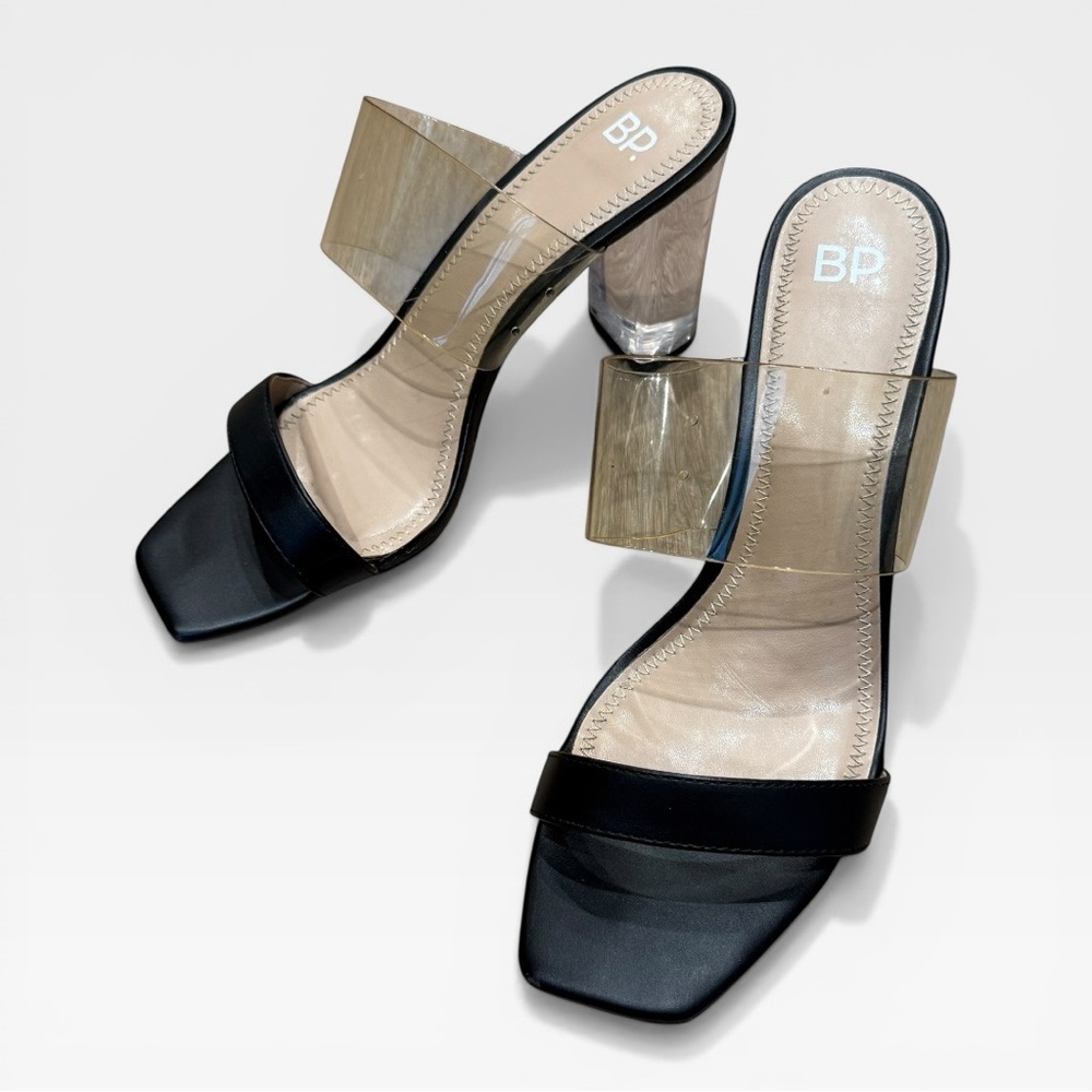 bp Black Slide Sandals with Clear Block Heels and Nude Insole